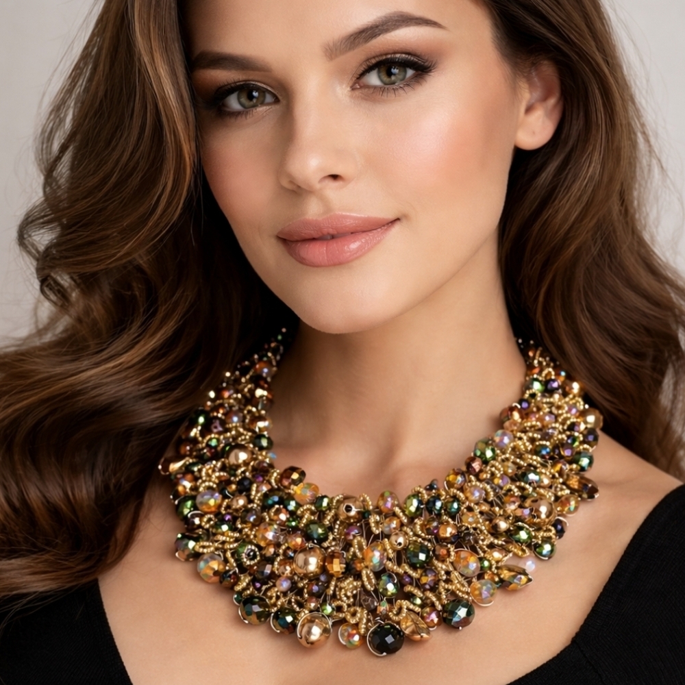 Vintage Gold Tone Crystal Beaded Collar Statement Necklace